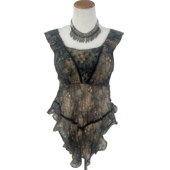 New Romantics X Anthropologie Moody Floral Asymmetrical Sheer Sleeveless Top - Picture 3 of 10
